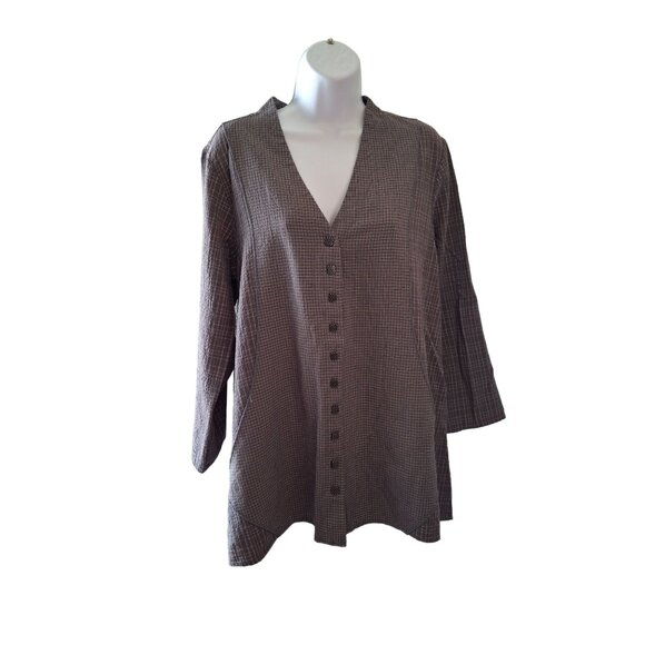 Habitat Womens Plaid Blouse Large Button Front Brown/White 3/4 Sleeves Lagenlook - Picture 1 of 7